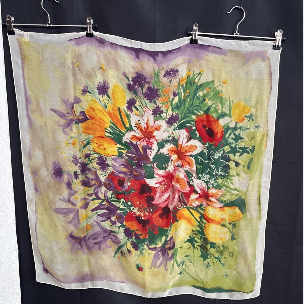 Vintage Italy 100% Silk Floral Watercolor Square Scarf Green Red Artsy Colorful